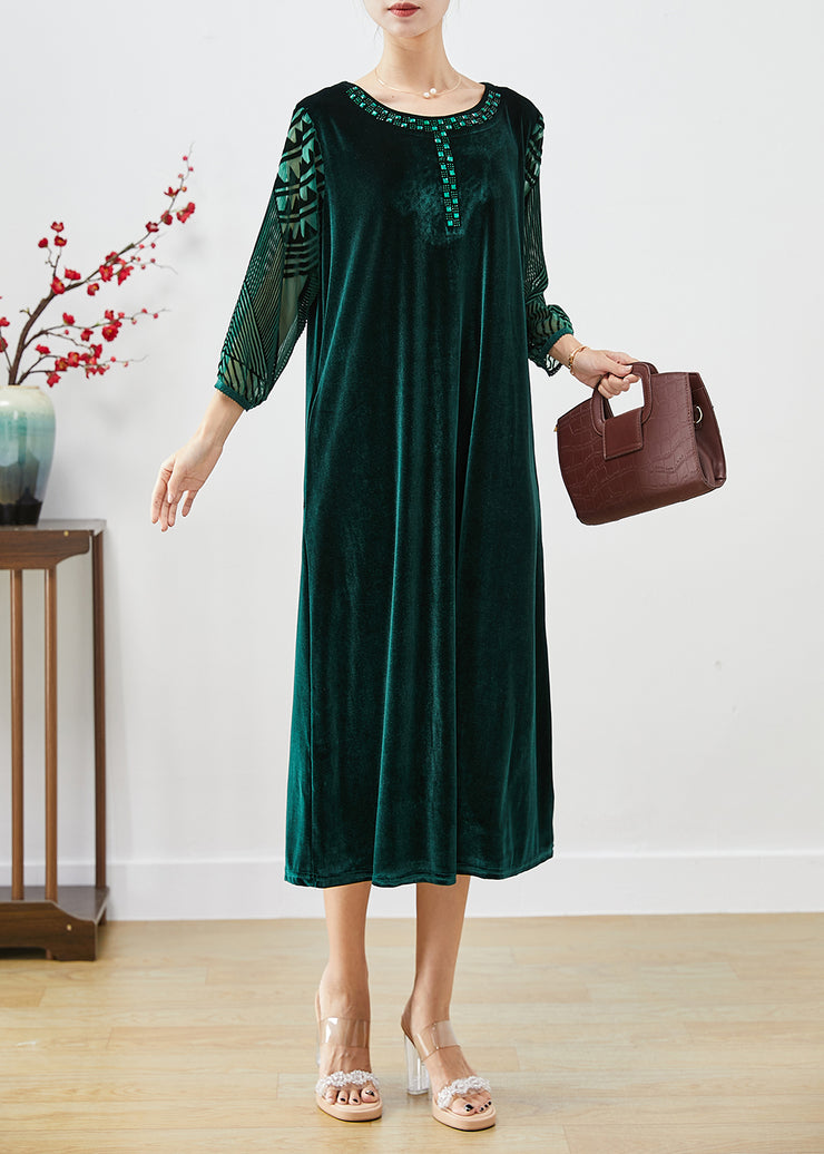 Italian Blackish Green Hollow Out Zircon Silk Velour Long Dresses Bracelet Sleeve