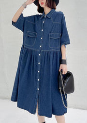 Italian Blue Button Pockets Denim Dresses Summer - SooLinen