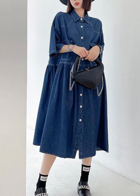 Italian Blue Button Pockets Denim Dresses Summer - SooLinen