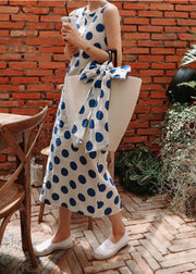 Italian Blue Dot Print Cinched Side Open Cotton Maxi Dresses Sleeveless