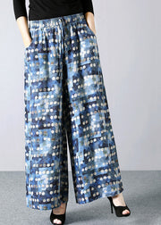 Italian Blue Dot Print Elastic Waist Tie Waist Linen Crop Straight Pants Summer
