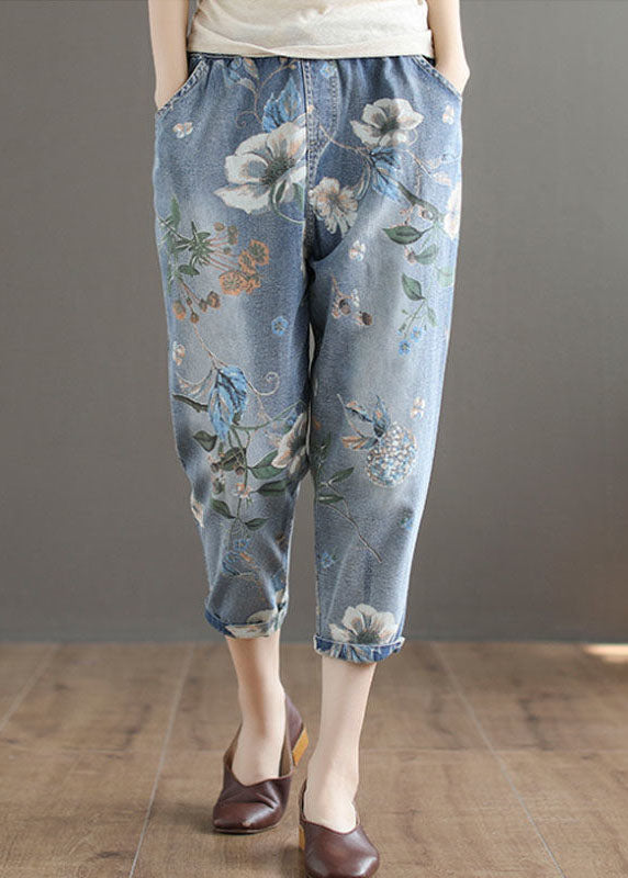 Italian Blue Elastic Waist Pockets Print Cotton Denim Crop Pants Summer