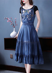 Italian Blue Embroidered Zippered Ruffles Cotton Denim Spaghetti Strap Dress Summer