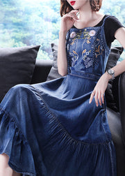 Italian Blue Embroidered Zippered Ruffles Cotton Denim Spaghetti Strap Dress Summer