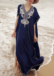 Italienisch Blau Gestickte seitlich offene Kimono Robe Maxikleider Sommer Baumwolle