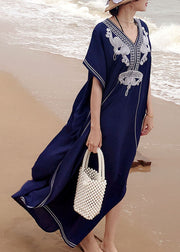 Italian Blue Embroidered side open kimono robe Maxi Dresses Summer Cotton