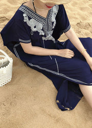 Italian Blue Embroidered side open kimono robe Maxi Dresses Summer Cotton
