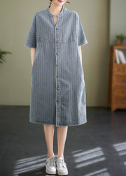 Italian Blue Grey Stand Collar Striped Denim Shirt Dress Summer