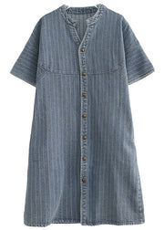 Italian Blue Grey Stand Collar Striped Denim Shirt Dress Summer