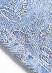 Italian Blue High Waist Letter Embroidered Hole Cotton Denim Crop Pants Summer