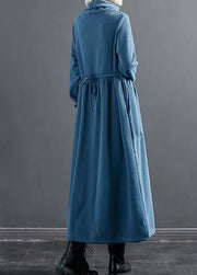 Italian Blue Hign Neck Lace Up Patchwork Cotton Long Dresses Fall