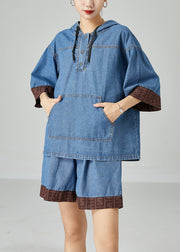 Italian Blue Hooded Patchwork Denim Two Pieces Set Summer