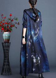 Italian Blue Hooded Print Fall Cardigan Long Sleeve - SooLinen