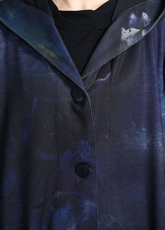 Italian Blue Hooded Print Fall Cardigan Long Sleeve - SooLinen
