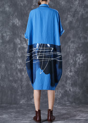Italian Blue Inkwash Painting Cotton Shirt Dress Summer