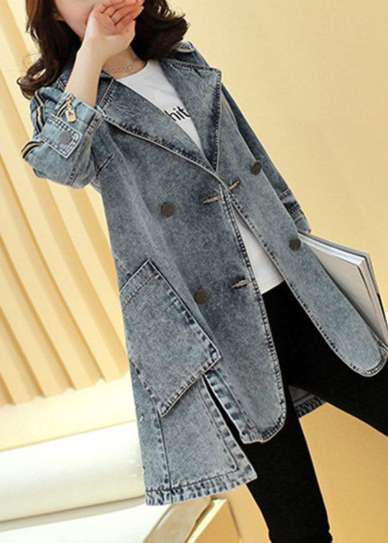 Italian Blue Notched Patchwork Button Cotton Maxi Coats Long Sleeve