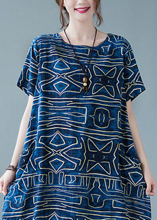 Italian Blue O-Neck Geometric Print Pockets Cotton Maxi Dress Short Sleeve