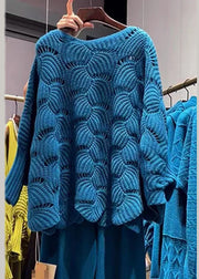 Italian Blue O Neck Hollow Out Patchwork Knit Sweater Fall
