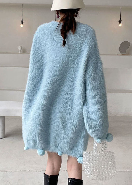 Italian Blue O-Neck Mink Hair Knitted Dress Winter