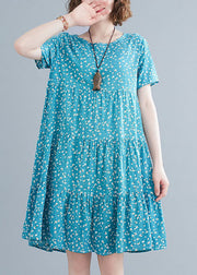 Italian Blue O-Neck Print Cotton Holiday Dress Short Sleeve