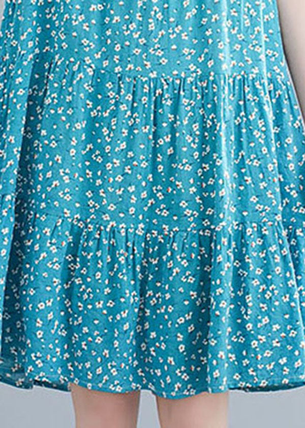 Italian Blue O-Neck Print Cotton Holiday Dress Short Sleeve