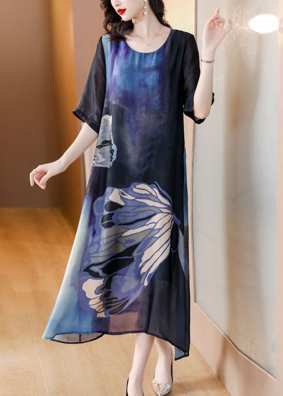 Italian Blue O Neck Print Patchwork Slim Silk Dresses Summer