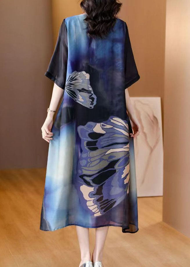 Italian Blue O Neck Print Patchwork Slim Silk Dresses Summer