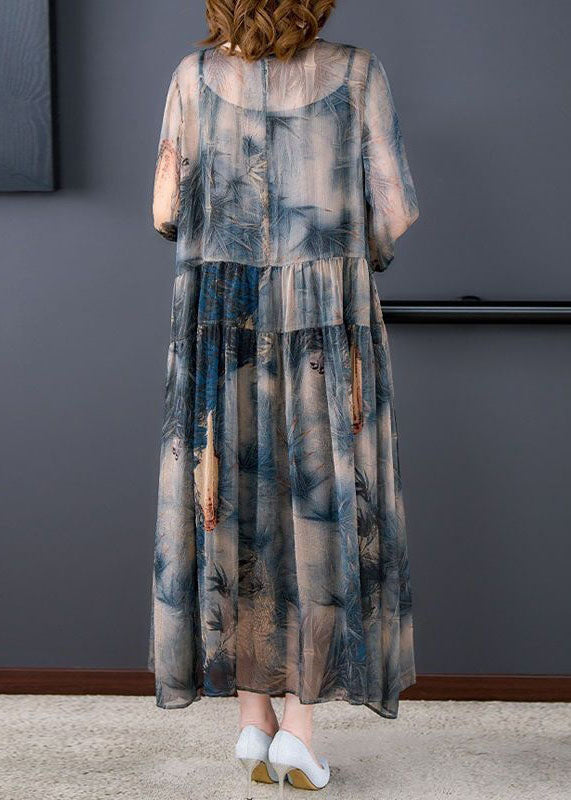 Italian Blue O-Neck Wrinkled Print Patchwork Silk Dress Two Pieces Set Summer