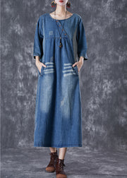 Italian Blue Oversized Patchwork Striped Denim Dresses Half Sleeve