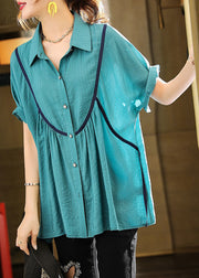 Italian Blue Oversized Patchwork Wrinkled Cotton Shirt Top Summer