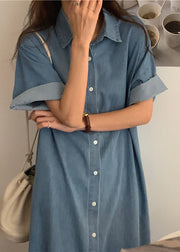 Italian Blue Peter Pan Collar Button Side Open Maxi Denim Dress Short Sleeve