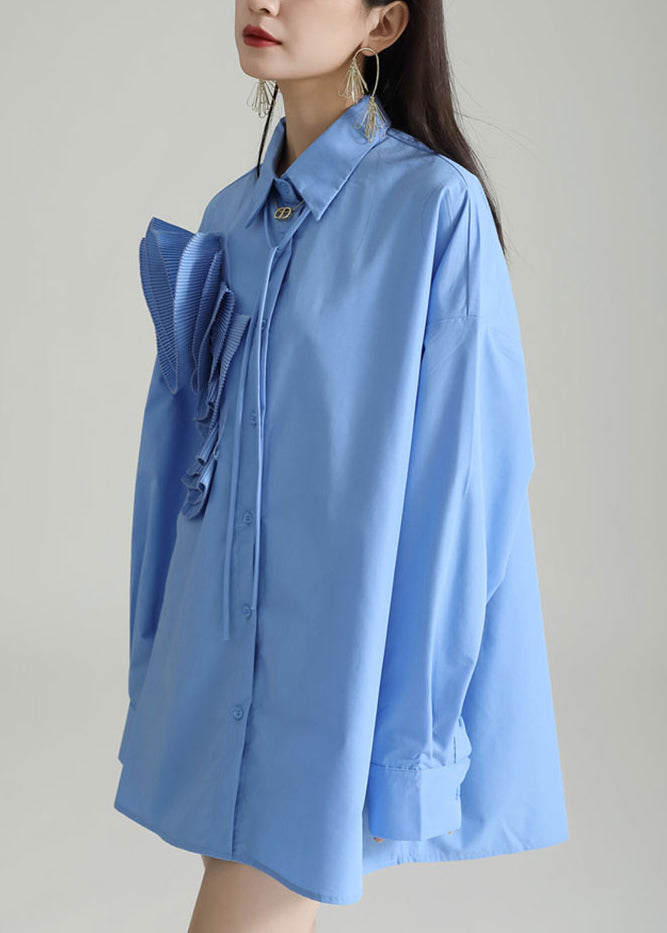 Italian Blue Peter Pan Collar Floral Patchwork Cotton Shirt Dress Fall