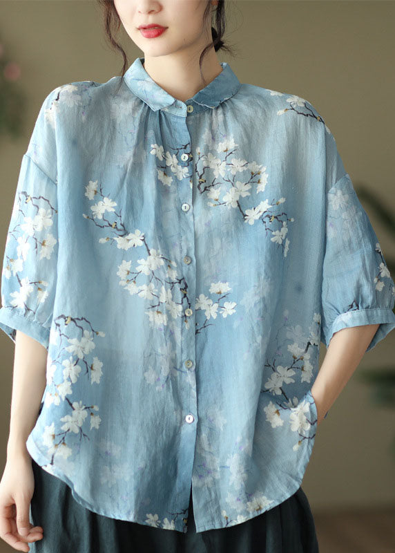 Italian Blue Peter Pan Collar Print Linen Shirt Top Half Sleeve