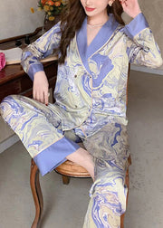 Italian Blue Peter Pan Collar Print Patchwork Ice Silk Pajamas Two Pieces Set Long Sleeve