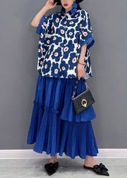 Italian Blue Peter Pan Collar Ruffled Patchwork Print Chiffon Shirts and skirts Two Pieces Short Sleeve