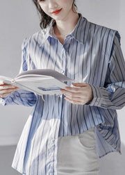 Italian Blue Peter Pan Collar Striped Cotton Shirt Tops Long Sleeve