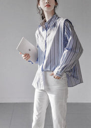 Italian Blue Peter Pan Collar Striped Cotton Shirt Tops Long Sleeve
