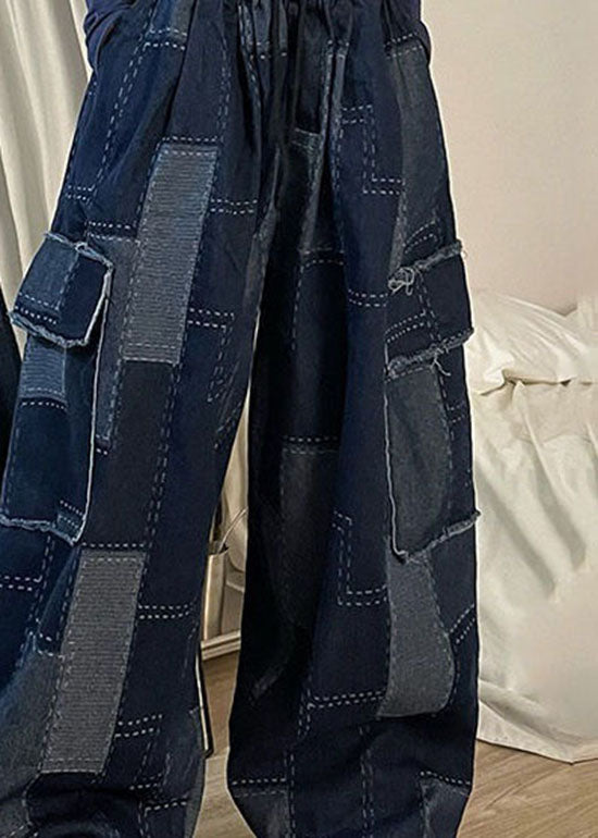 Italian Blue Pockets Patchwork Denim Wide Leg Pants Spring