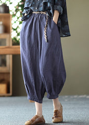 Italian Blue Pockets Wrinkled Patchwork Linen Crop Pants Summer