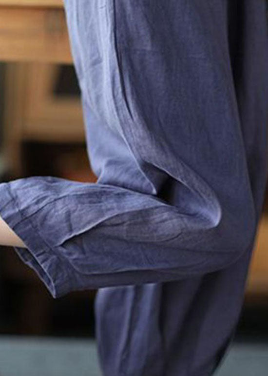 Italian Blue Pockets Wrinkled Patchwork Linen Crop Pants Summer