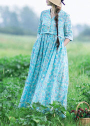 Italian Blue Print Clothes Notched Cinched Maxi Summer Dresses - SooLinen