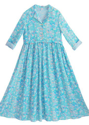 Italian Blue Print Clothes Notched Cinched Maxi Summer Dresses - SooLinen