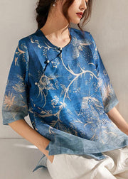 Italian Blue Print Oriental Summer Ramie Shirt Half Sleeve - SooLinen