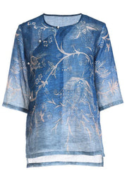 Italian Blue Print Oriental Summer Ramie Shirt Half Sleeve - SooLinen