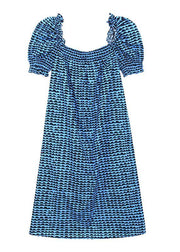 Italian Blue Print Square Collar Puff Sleeve Cotton Mid Dress - SooLinen