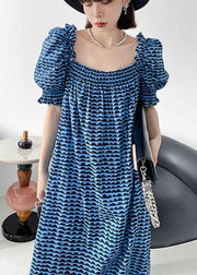 Italian Blue Print Square Collar Puff Sleeve Cotton Mid Dress - SooLinen