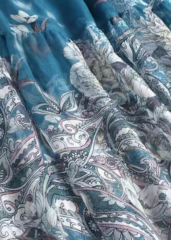 Italian Blue Print Wrinkled Patchwork Silk Long Dress Fall