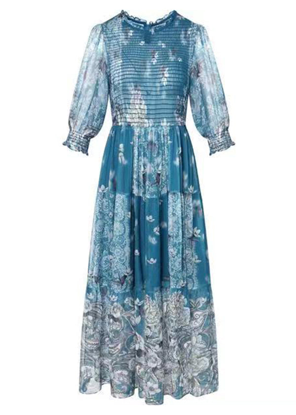 Italian Blue Print Wrinkled Patchwork Silk Long Dress Fall