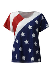 Italian Blue Red V Neck Independence Day Theme Cotton Tops Short Sleeve