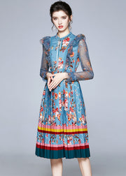Italian Blue Ruffled Lace Up Print Tulle Patchwork Chiffon Dresses Fall
